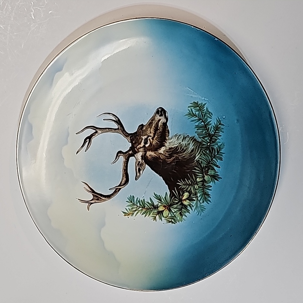 Vintage Three Crown China Germany Handpainted Ceramic Deer Elk Stag Plate